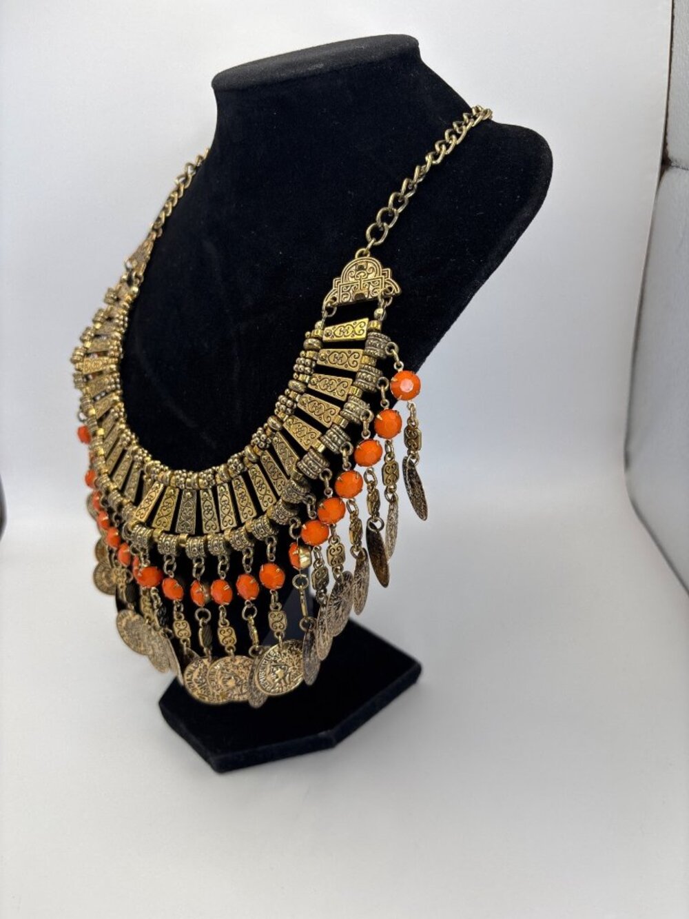 Egyptian Revival Style Gold Tone Coin Orange Beads Bib Collar Statement Necklace - Picture 2 of 5